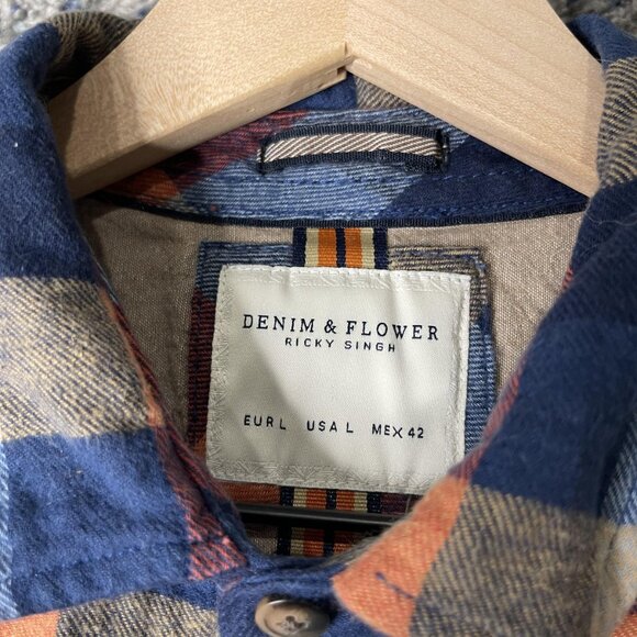 Denim & Flower Ricky Singh Shirt Mens Large Blue Plaid Flannel Button Up Cotton - Picture 5 of 8